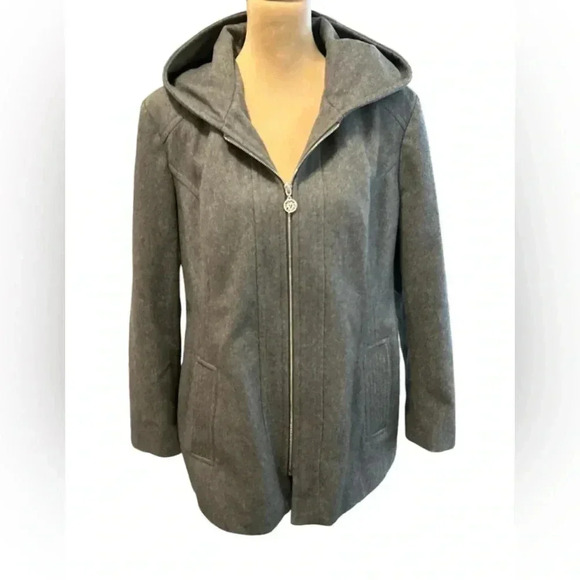 Anne Klein Women’s Gray Wool Blend Hooded Jacket Full Zip & Satin Lined Size XL - Picture 1 of 11